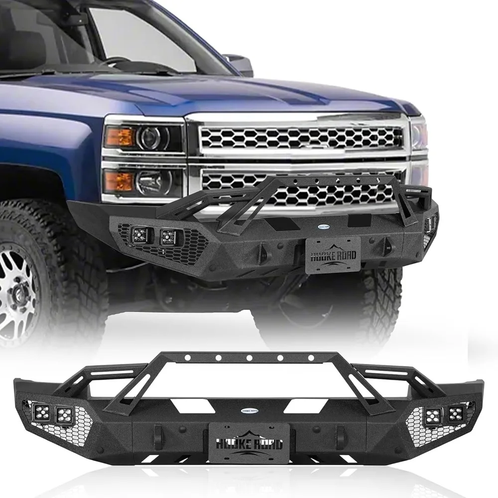

Earthshaker Front Bumper for 2014 2015 Chevy Chevrolet Silverado 1500 Pickup Truck, Offroad Bumper with Winch Plate Bull Bar D-