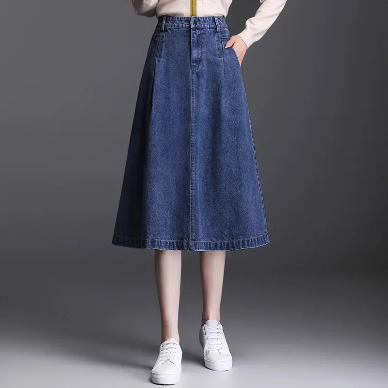 Spring Fall Women High Waisted Casual A Line Denim Mid Calf Skirt , Woman Autumn 3xl 4xl Skirts