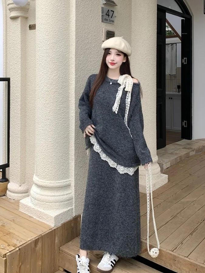 

Женский вязаный свитер больших размеров с лентой и юбка А-силуэта с высокой талией, комплект из двух предметов, осенний повседневный модный стиль