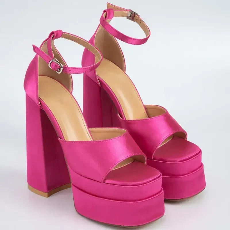 Luxury Woman Sandal Korean Style Fashion Sexy Buckle Strap 15CM Square Heel Square Toe Solid Platform Summer Women Shoes New