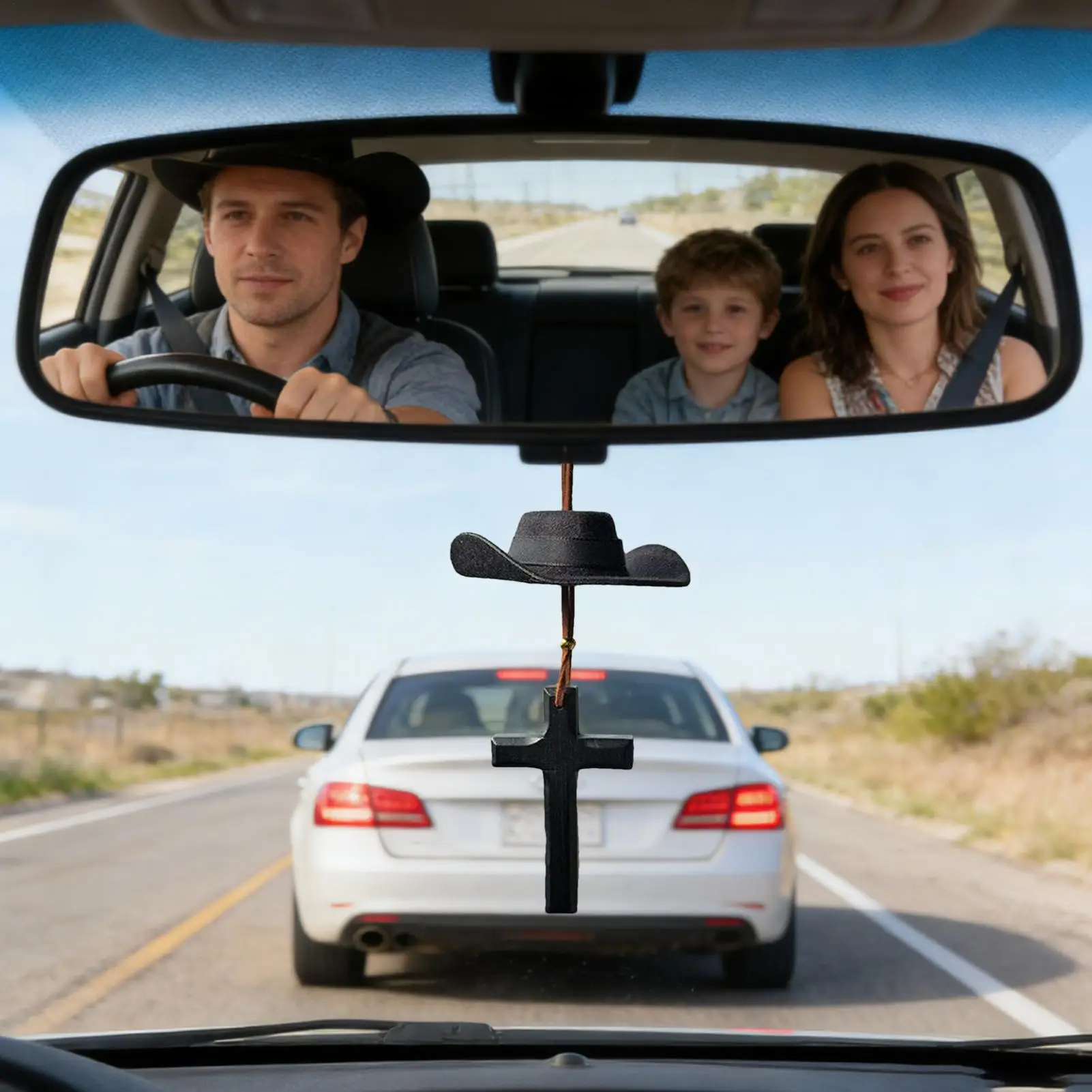 Rear View Mirror Charm Rustic Cowboy Hat Cross Ornament Retro Car Charm Rearview Mirror Accessories For Birthday Christmas Men