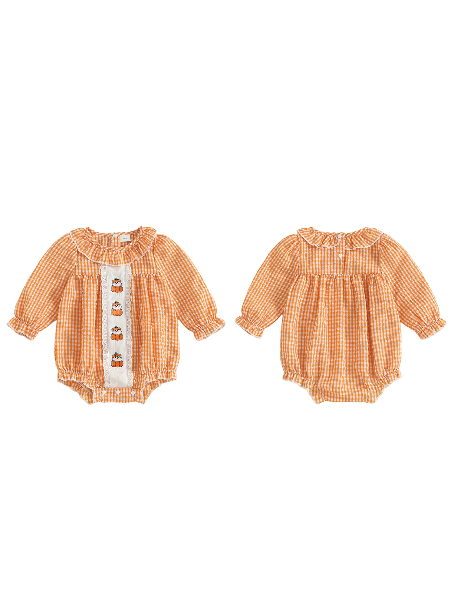

Toddler Halloween Costume Pumpkin Witch Embroidered Checkered Ruffle Trim Round Neck Long Sleeve Romper for Autumn Festivities