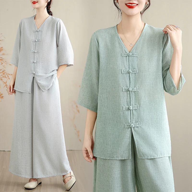 

Fashionable Cotton Linen Set Women's Wide Leg Pants Top Two Piece Suit Autumn New Arrival Breathable Casual Style High Waist