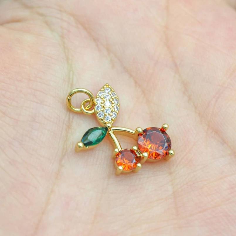 

2Pcs Copper Invisible Setting Charms Red Gold Color Cubic Zirconia Plant Cherry Pendant Approx 14x21.7mm Jewelry Special Gift