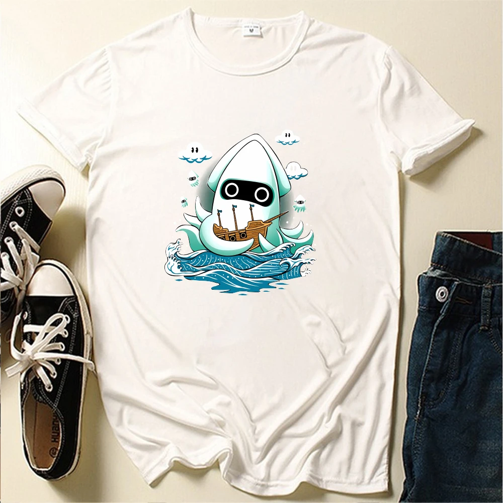 Seeyoushy Cartoon Squid Print Interesting Printed Top Summer Women's Short Sleeve O-neck Casual Tshirt Harajuku Trend Streetwear