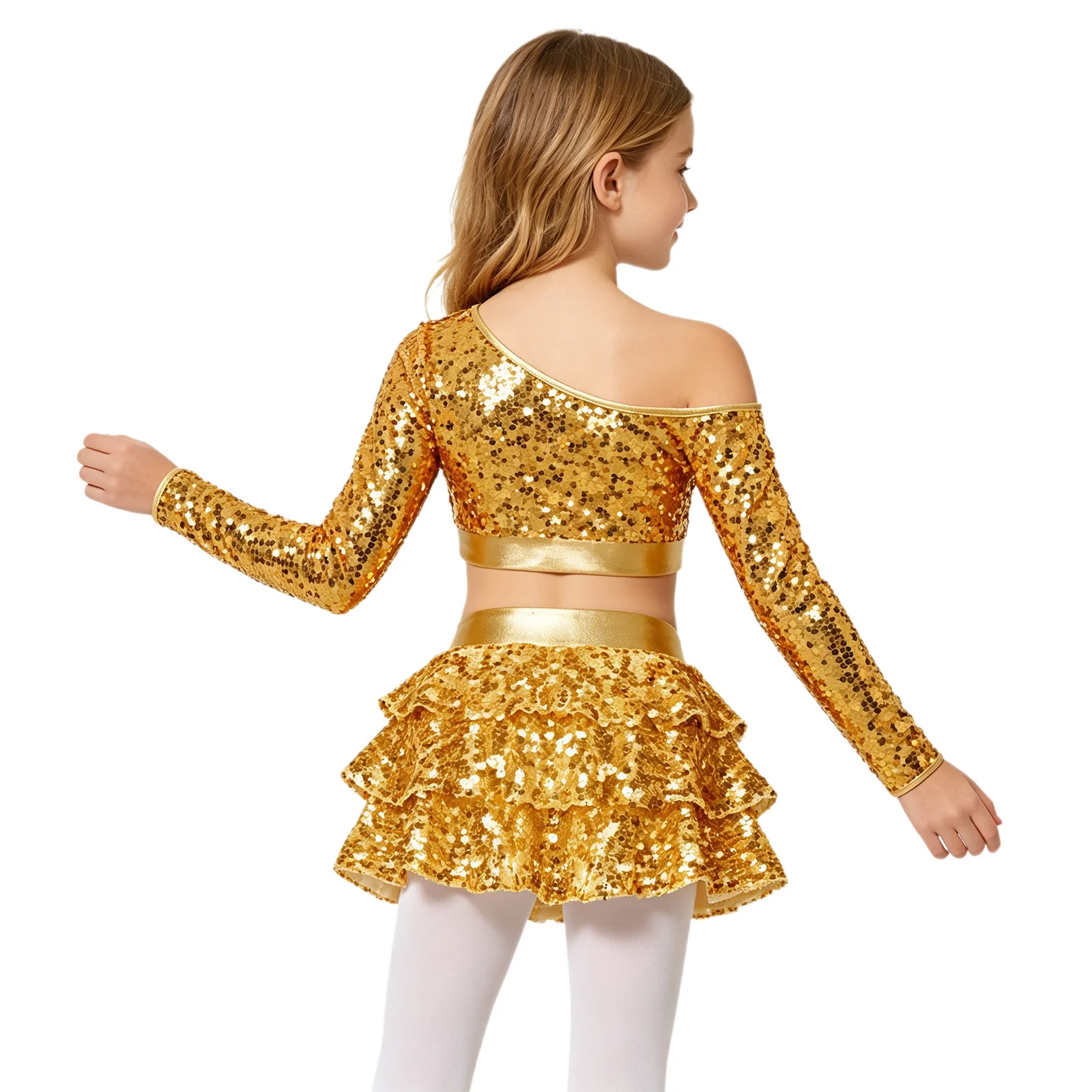 Girls Shiny Sequins Jazz Dance Costume Long Sleeve Metallic Crop Top with Tiered Ruffle Culottes for Cheerleading Performance