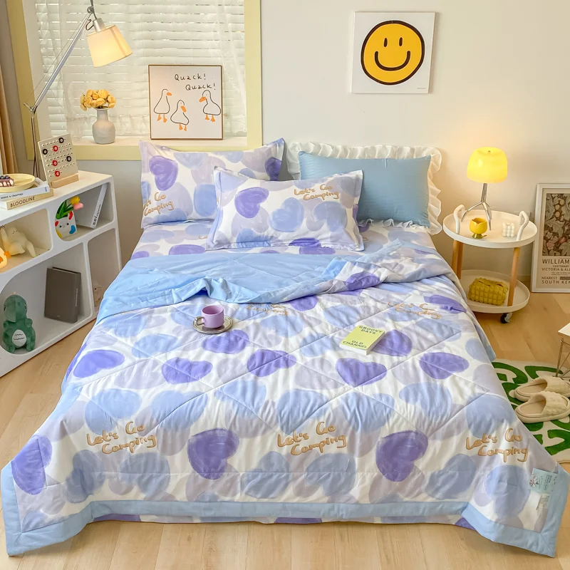 Cute Love Hearts Thin Quilt Summer Lightweight 100%Cotton Comforter Machine Washable,Soft Comfy Breathable Air Condition Quilts