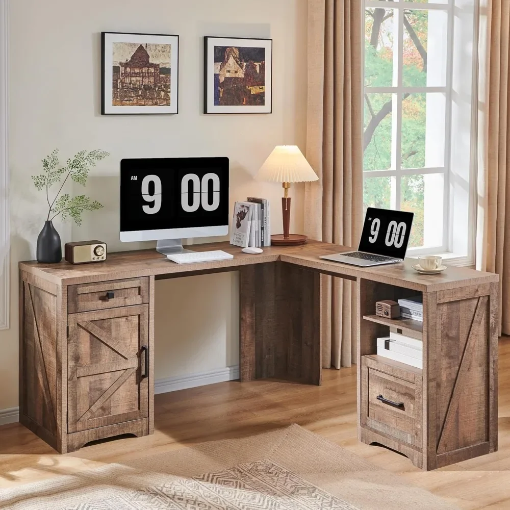 

L Shaped Desk,Corner Computer Desk with File Drawer & Charging Station, Home Office 59x61Inch Huge Workspace Study Writing Desk