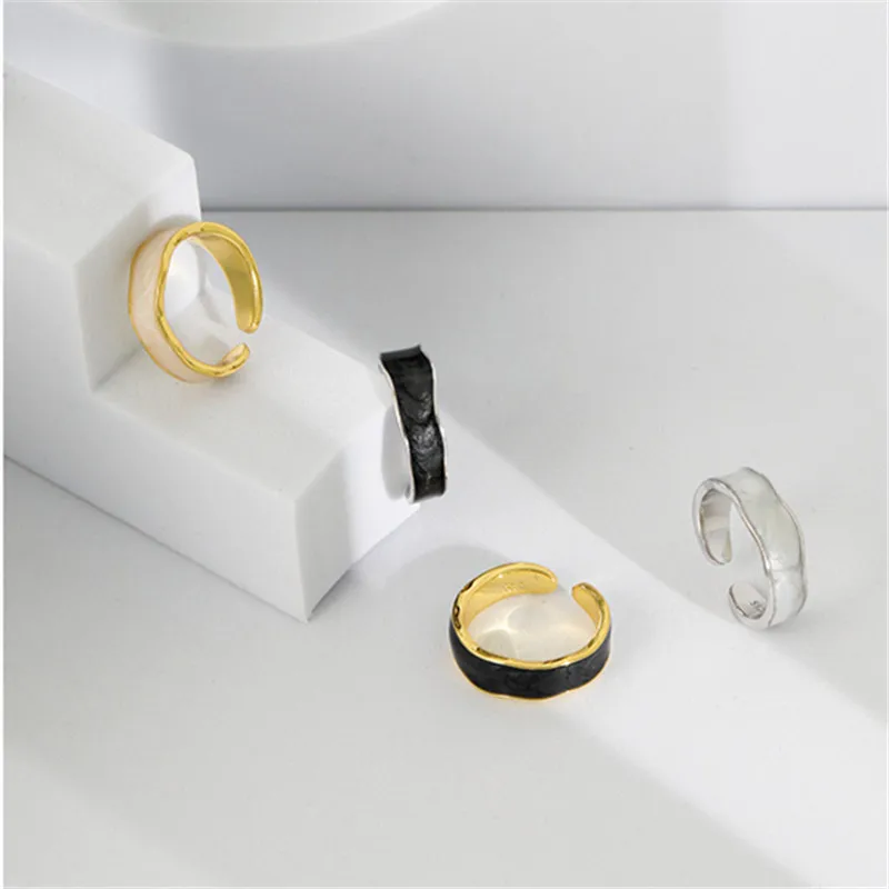 

925 Sterling Silver White Black Drip Glue ​Adjustable Rings For Women Engagement Wedding Female Jewelry