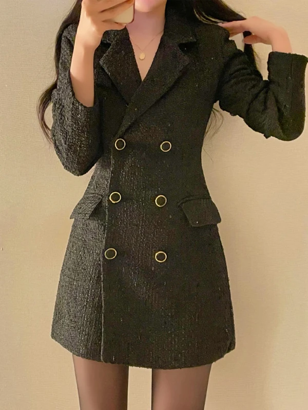 Koreaanse Sle Tweed Double Breasted Dr Dames Herfst Nieuwe Kleine Fraance Sle Lady Ele Pak Kraag halflange rok