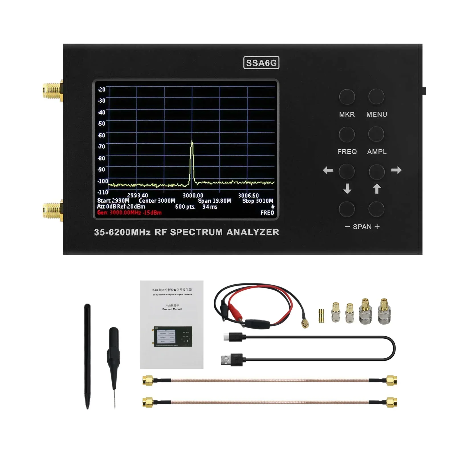 

HAMGEEK SSA6G 35MHz-6200MHz RF Spectrum Analyzer RF Multimeter Spectrum Explorer With Test Probe