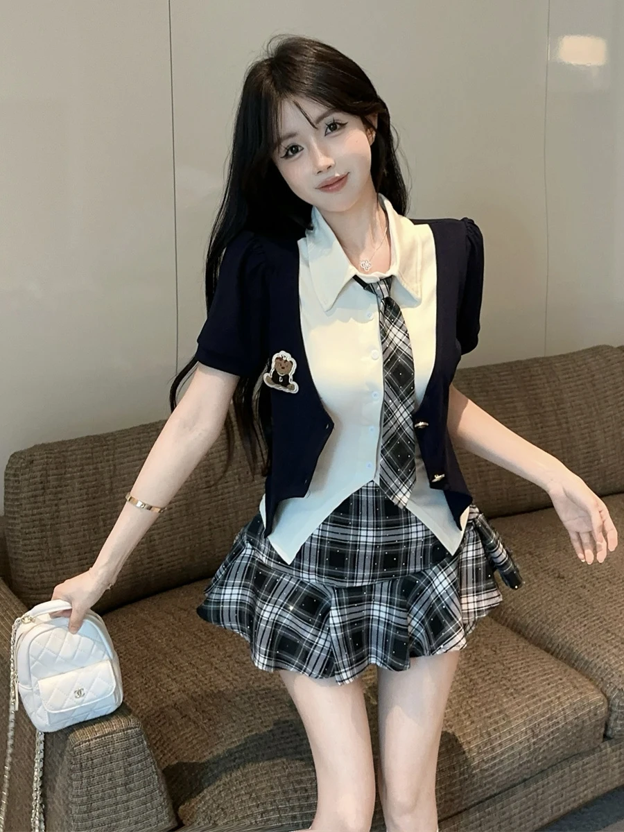 

College Sle JK orm Sexy Girl Pure Desire Color Colion Plaid High Waist Skirt Two-Piece Set ort Sve Collar ...