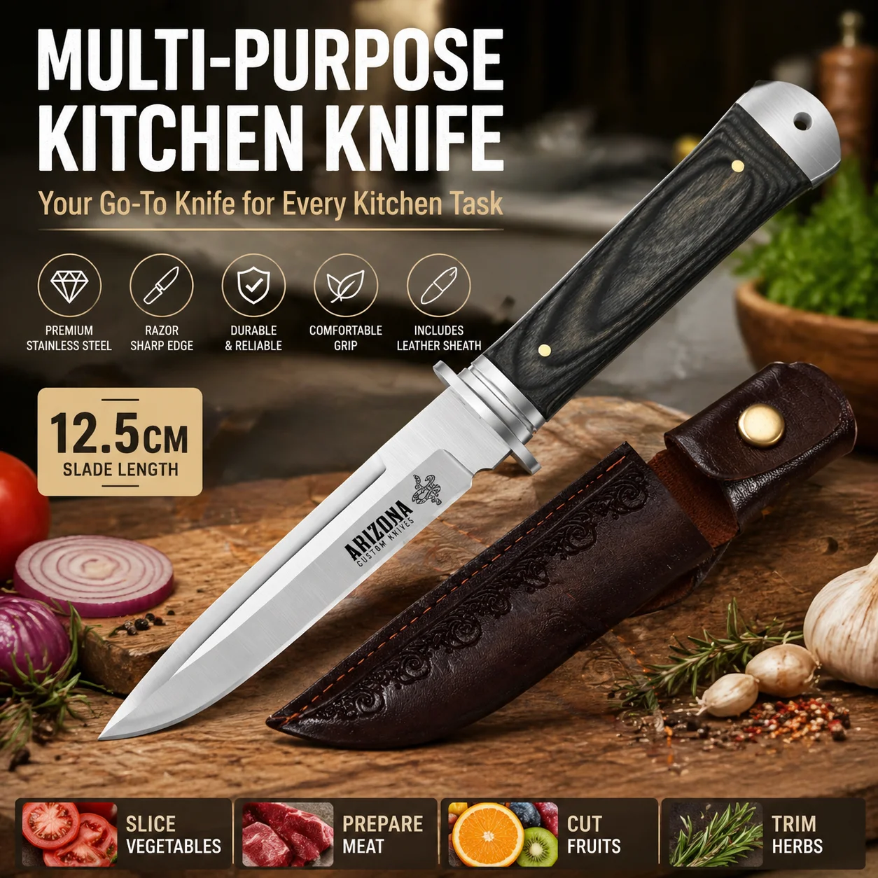 

Multifunctional kitchen knife with leather sheath and wooden handle for boning. Suitable for meat and fruits in the kitchen