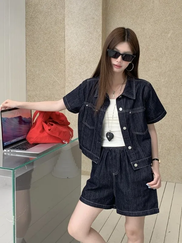 

plus Size Casual American Retro Denim ort Sve Jaet Women's High Waist Wide Leg orts Two Piece Set Summer New Sle