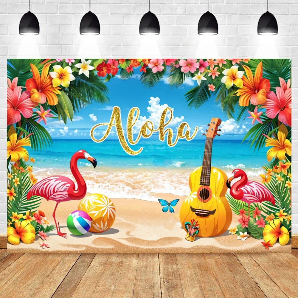 Summer Seaside Beach Party Photography Backdrop Sea Ocean Tropical Palm Leaves Flowers Surfboard Birthday Party Photo Background