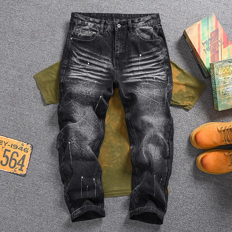 

Men's Korean Style Black Vintage Jeans, Streetwear Paint Splatter Design, Fashion Casual Straight Leg Denim Pants