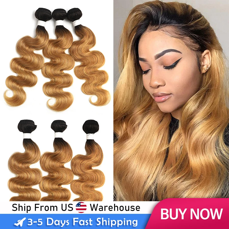 T1B/27 Ombre Brazilian Body Wave Hair Bundles 8-26 Inch Honey Blonde Human Hair Extension 1/3/4 PCS Remy Hair Weave Bundles SOKU