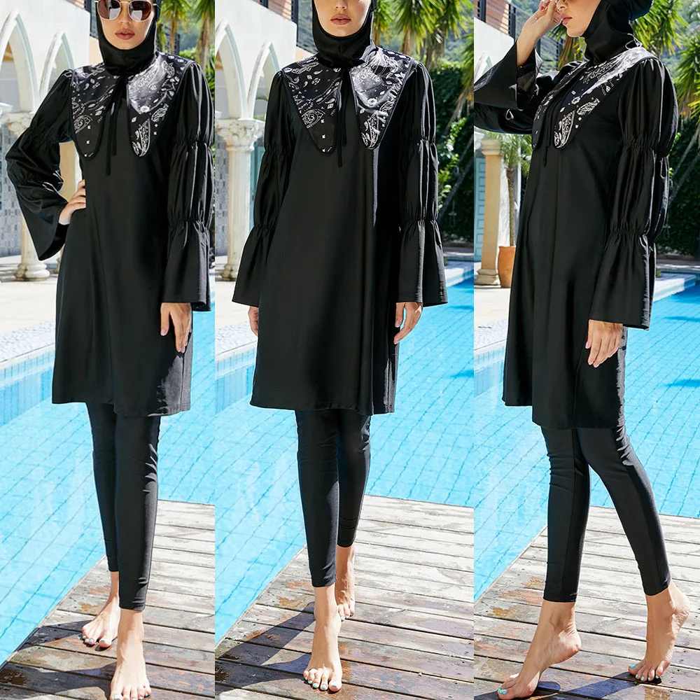 

Muslim Women Swimsuits Islamic Burkinis Full Cover Black Swimwear Modest Arab 3 Pieces Suit Tops Pants Cap Set Swim Surfing Wear