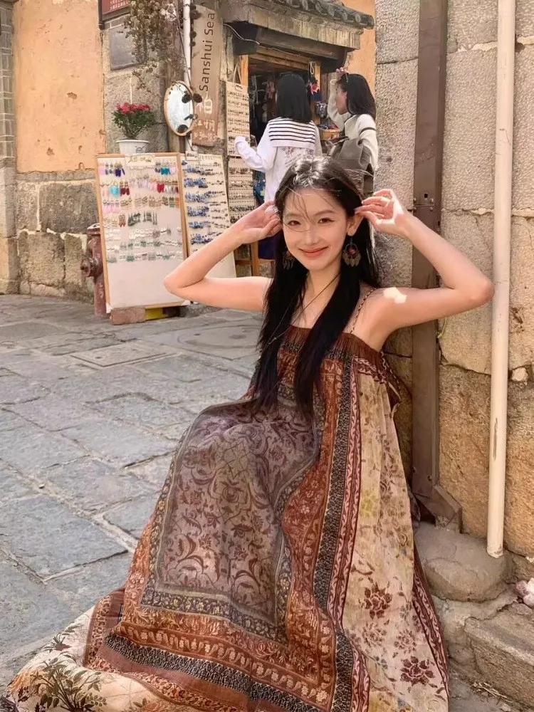 Retro Print Strap Long Dr Vaion Beachwear Tourist Clothing Women's Loose Waist Polyester Fiber Summer Soft Fabric