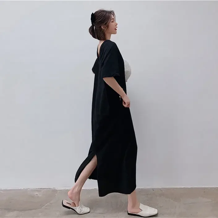 Gonna al ginocchio esposta T-shirt Gonna lunga in la carne tibetana allentata estiva è sottile scollo a V