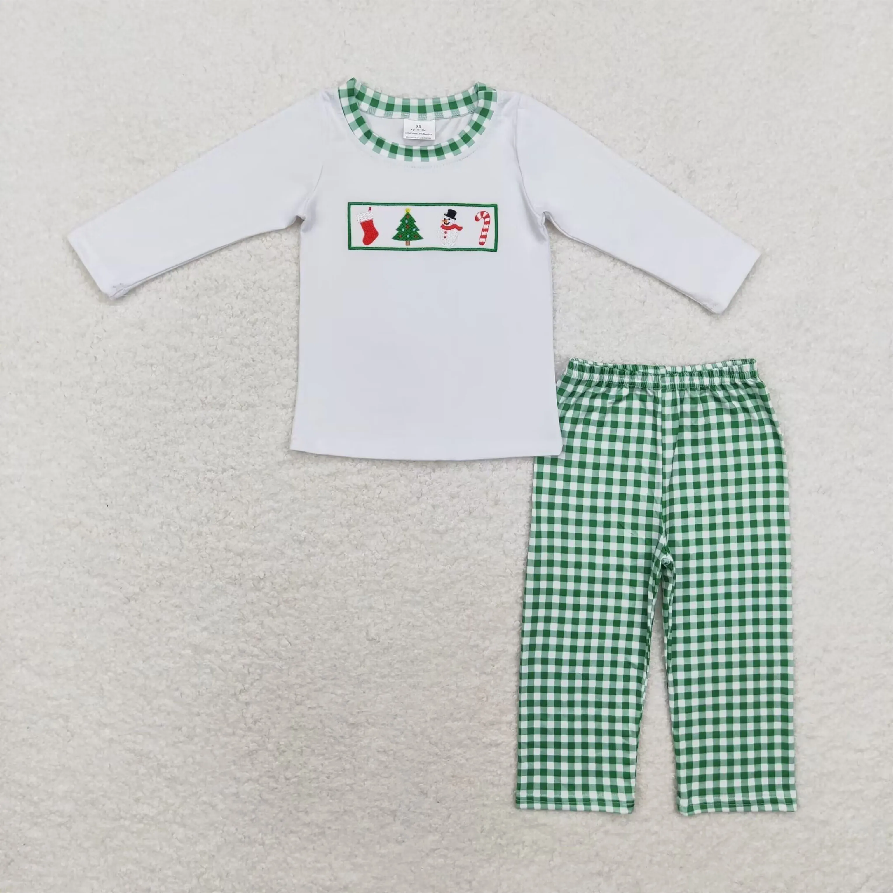 Wholesale Children Embroidery Christmas Tree Snowman Sets Long Sleeves Shirt Green Plaid Pants Boy Girl Kids Toddler Outfit