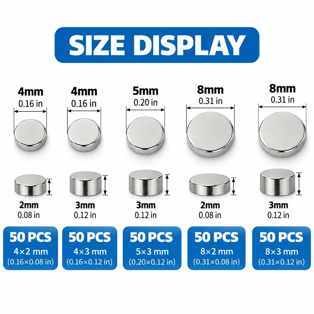 50PCS Mini Round Magnets, Small Disc Magnets for Fridge, Office, DIY Crafts & Science Projects, 4x2/4x3/5x2/5x3/8x2/8x3mm