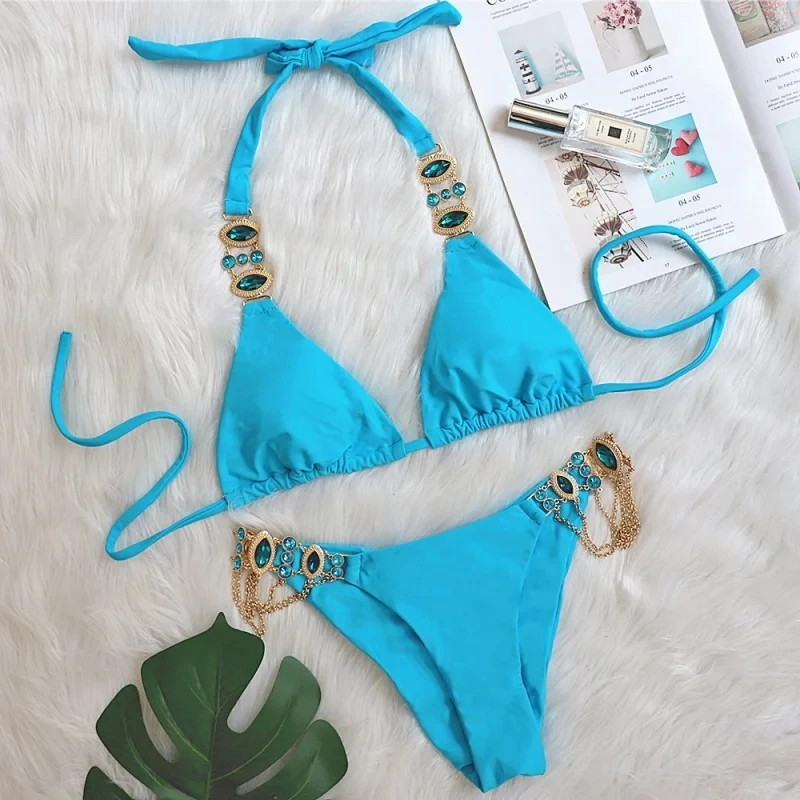 Crystal Swimsuit Sexy Swimsuit Solid Color Lace-up Metal Chain Accessories Bikini