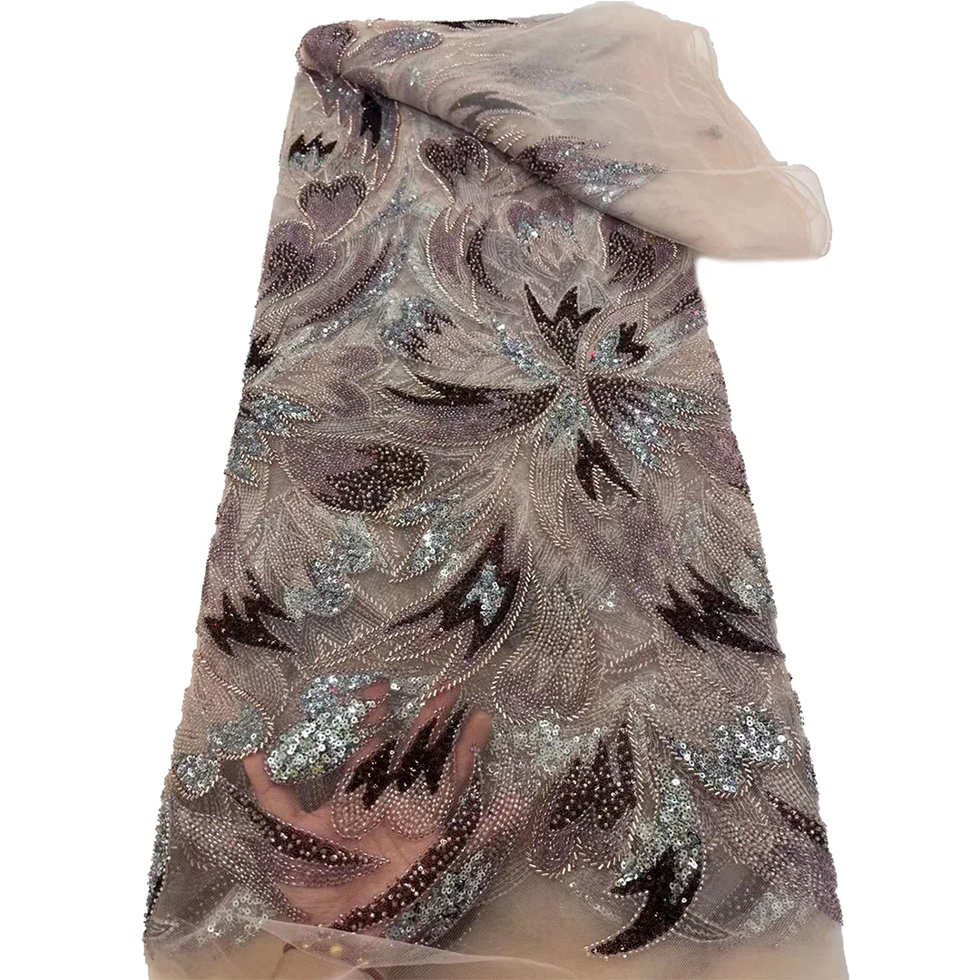 

Latest African Sequins Beaded Lace Fabric 2025 High Quality 5 Yards Groom Nigerian Wedding Bridal Embroidery French Tulle Sewing