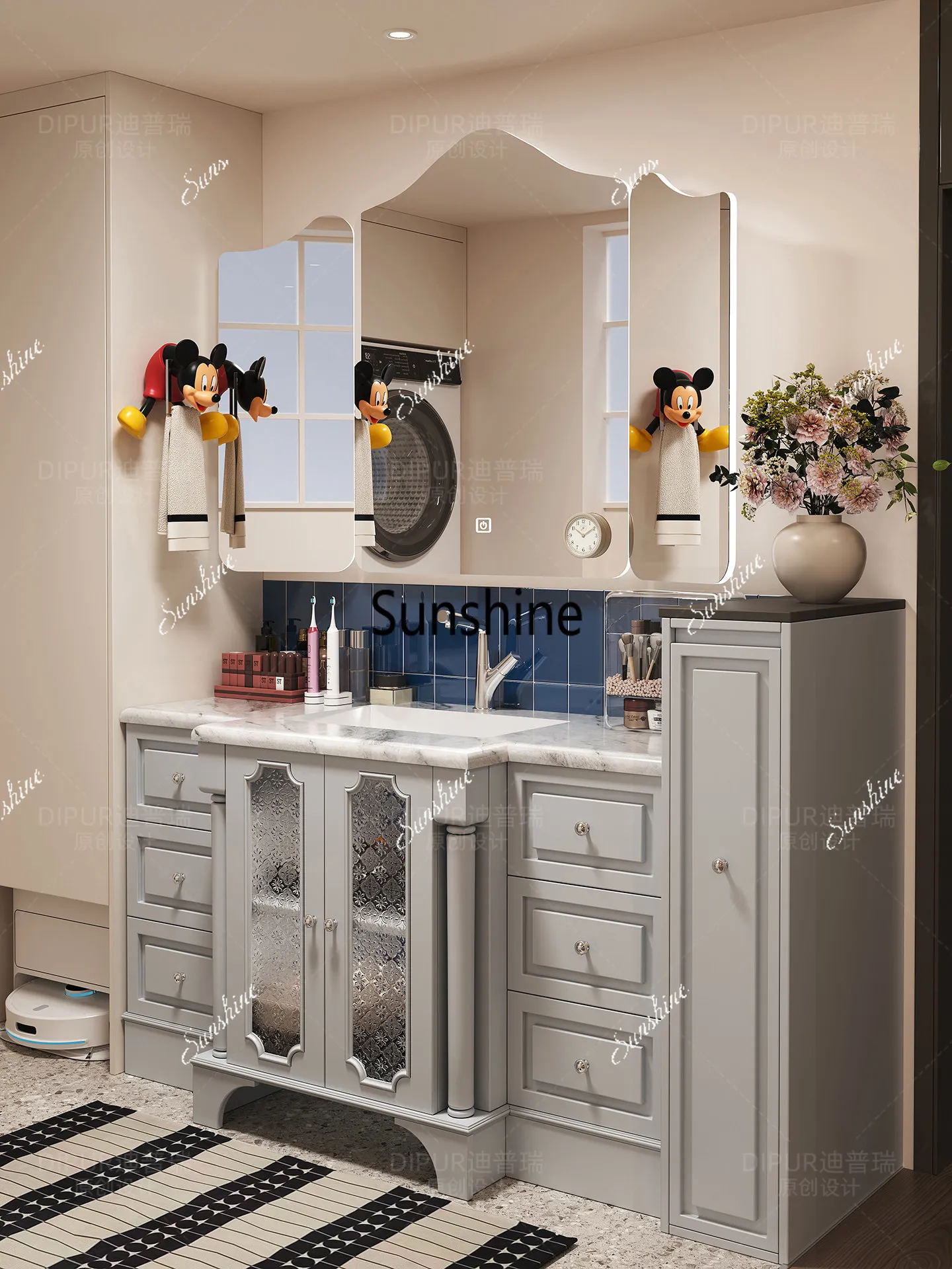 French retro floor luxury stone ceramic seamless washing table side cabinet pull basket storage