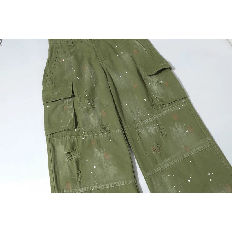 Hip Hop Splashing Ink Graffiti Green Cargo Pants Men Ripped Washed Cargo Trousers Relaxed Fit Straight Wide Leg Baggy Pants Y2k