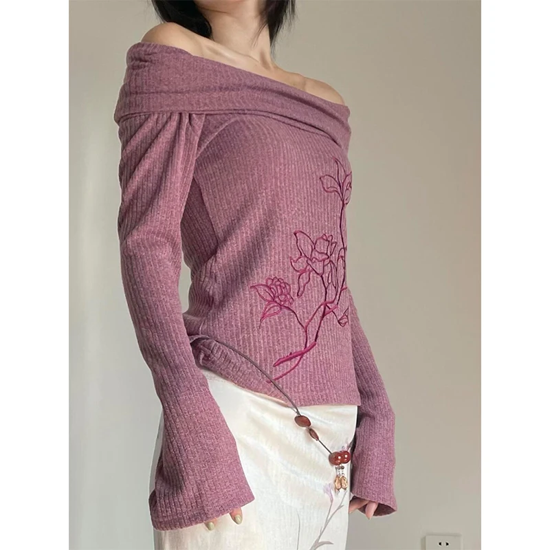 سترة نسائية كلاسيكية مكشوفة الأكتاف بلوفرات هاراجوكو محبوكة بالزهور أنيقة مضيئة بأكمام طويلة ملابس تريكو شتوية كورية