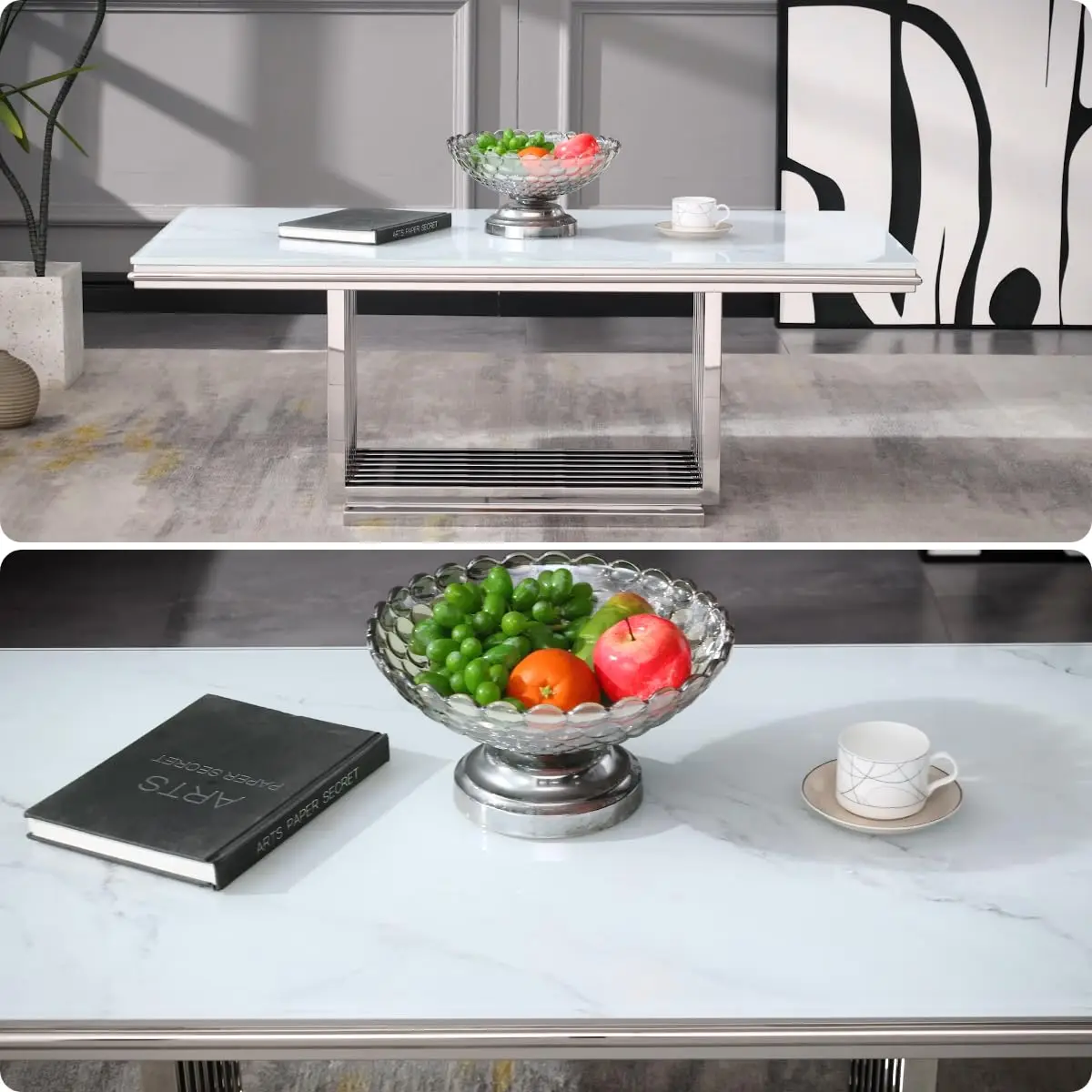 50" Coffee Table, White And Silver Center Table With Tempered Glass Top And Geometric Gridiron Chrome Base, Modern Glam Rectangl