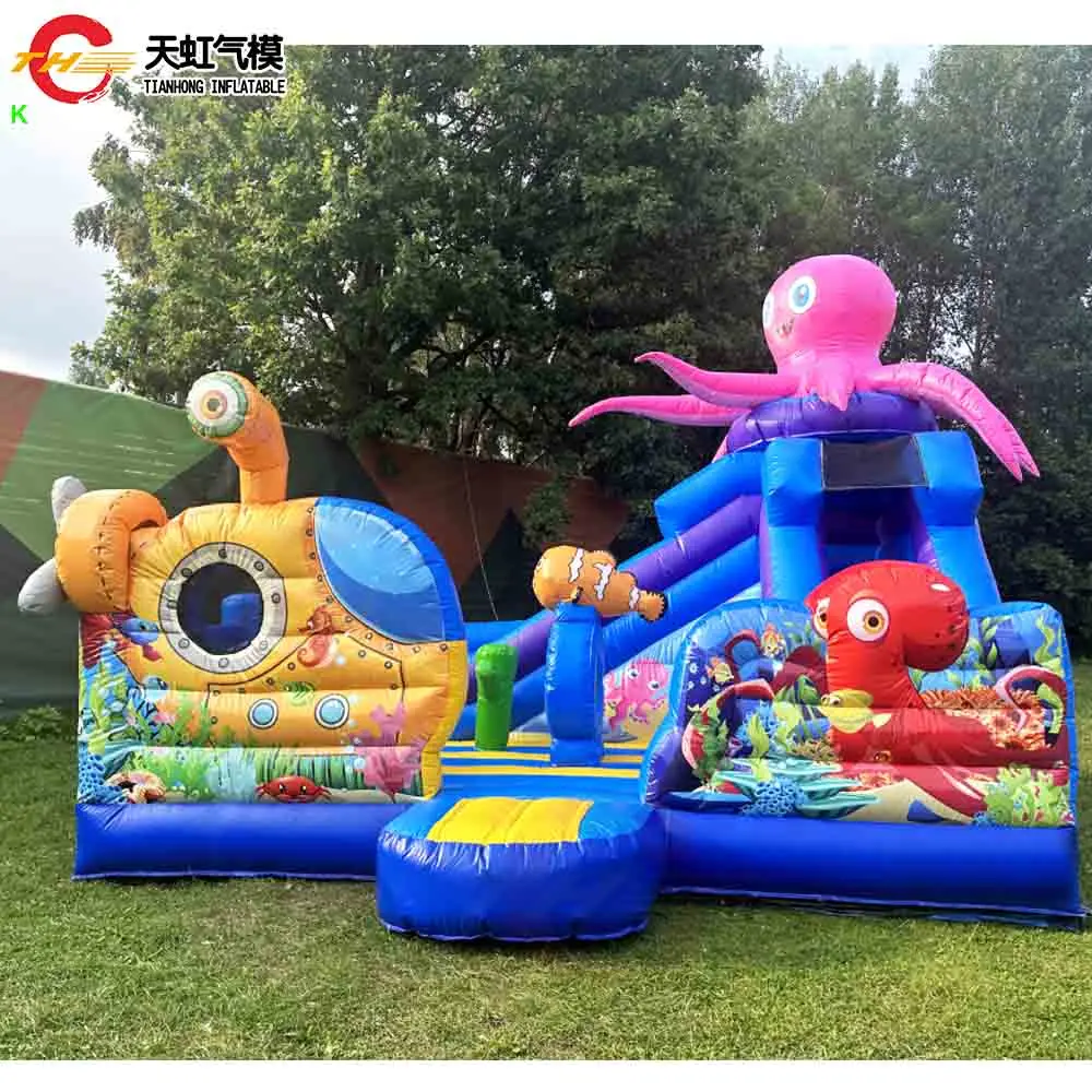 Zamek dmuchany z motywem Sea World, zjeżdżalnia, plac zabaw, 6x5m, wytrzymały, dmuchany zamek z ośmiornicą, zjeżdżalnia i przeszkodami.