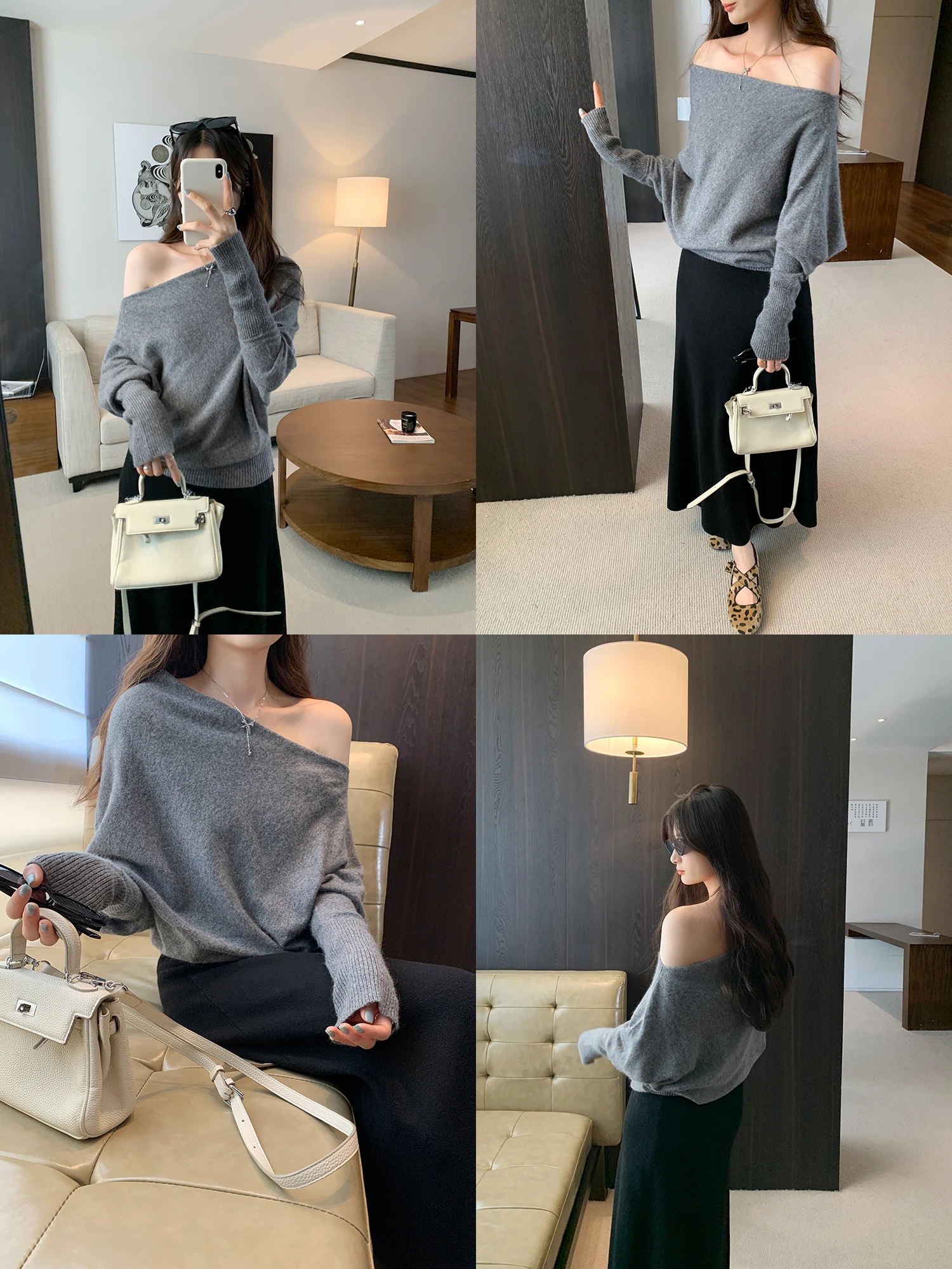 Elegant Slant-Shoulder Long-Sleeve Knitted Sweater Women's Fashion Single Wear Shoulder Bared Top Soft Wool Blend Comfortable