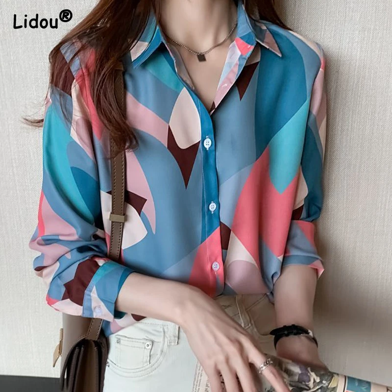 

Vintage Thin Turn-down Collar Straight Loose Long Sleeve Fashion Blouses Spring Autumn New Geometric Print Women's Clothing 2022