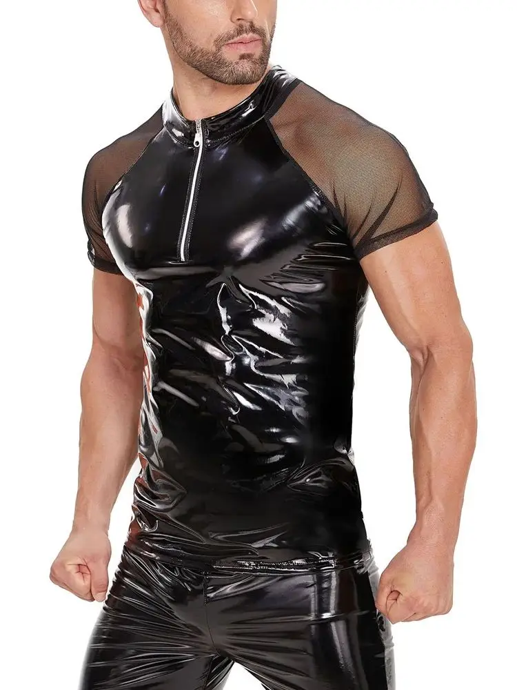 Neues Glänzendes Kunstleder-T-Shirt mit Netzstoff-Kurzarm für Herren, Wet-Look PVC-T-Shirt, Sexy Shapewear Muskel-Top