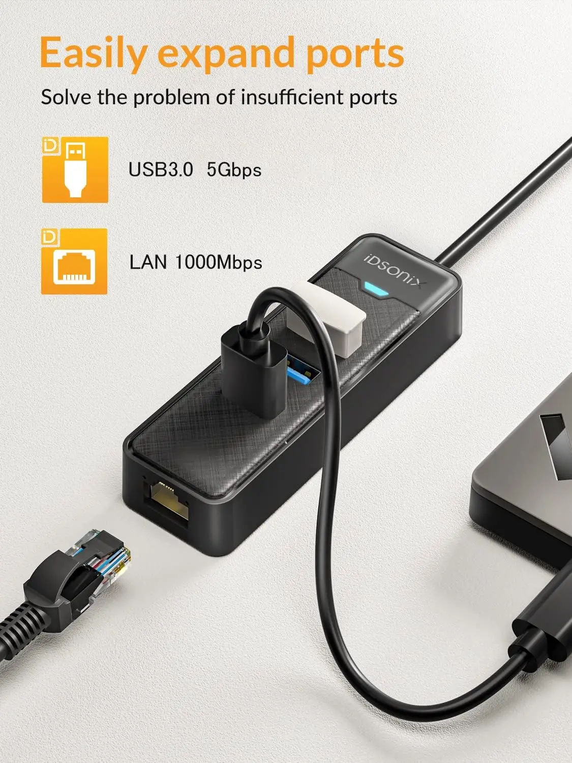 iDsonix USB 3.0 to Ethernet Adapter 3-Port USB 3.0 Hub with RJ45 10/100/1000 Gigabit Ethernet Adapter for Laptop Windows Mac OS