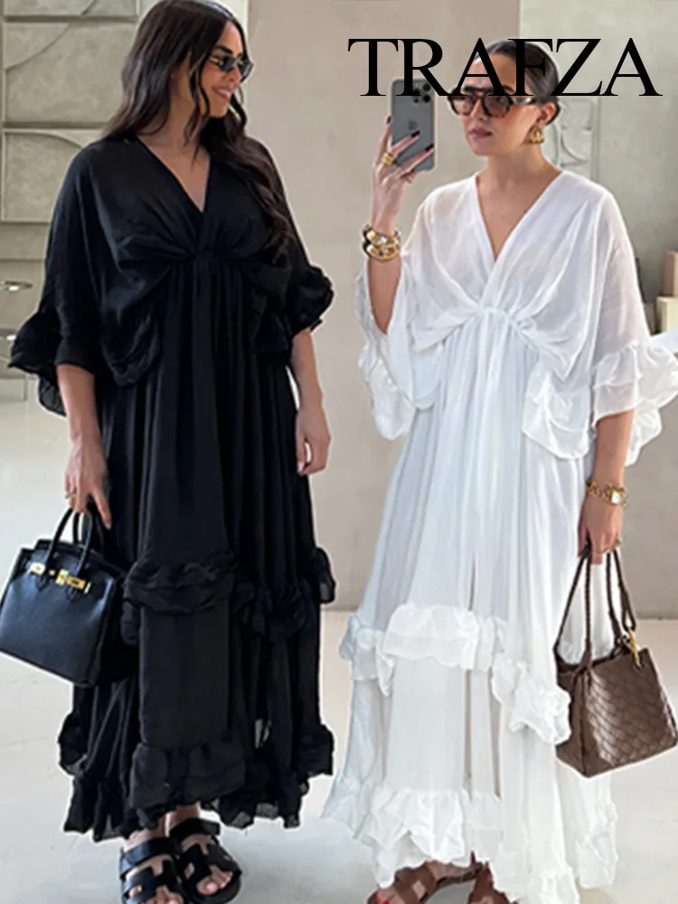 TRAFZA Summer Women's Fashion Solid V-neck Midi Short Sleeve Long Dress Female Casual Ruffle Edge Pleated Sexy Waist Dress
