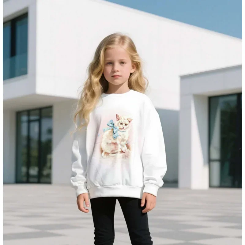 

2025 Spring and Autumn Style Girls' Cat Print Casual Round Neck Sweatshirt