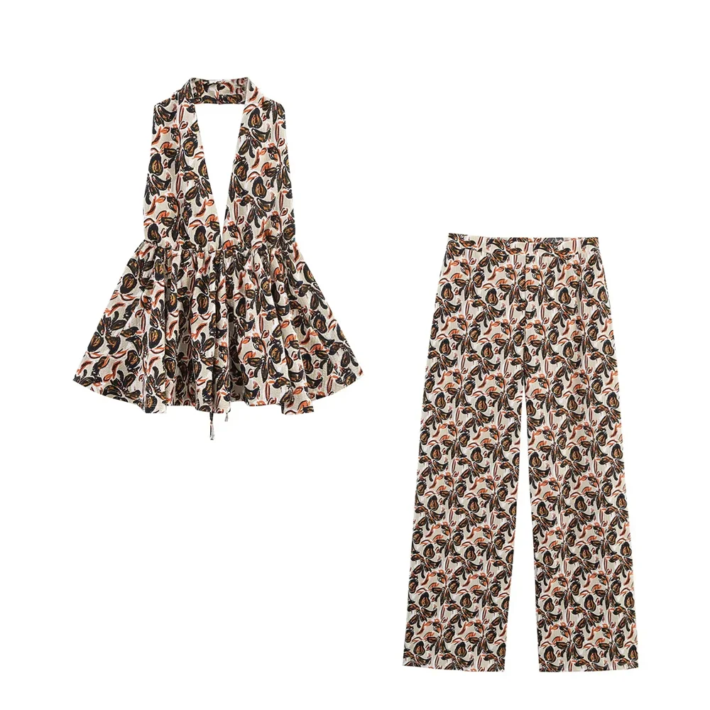 

BSK&TRAF2025halter neck printed backless holiday style loose sling + high waist printed wide leg pants trousers suit for women
