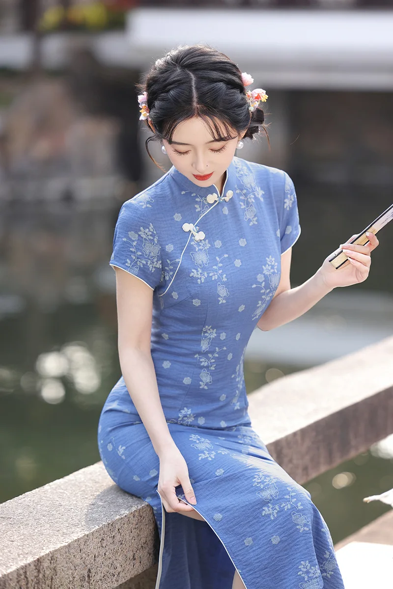 

Chinese Style Long Cheongsam Improved Young Women's High-end Summer Short Sleeve Qipao Dress