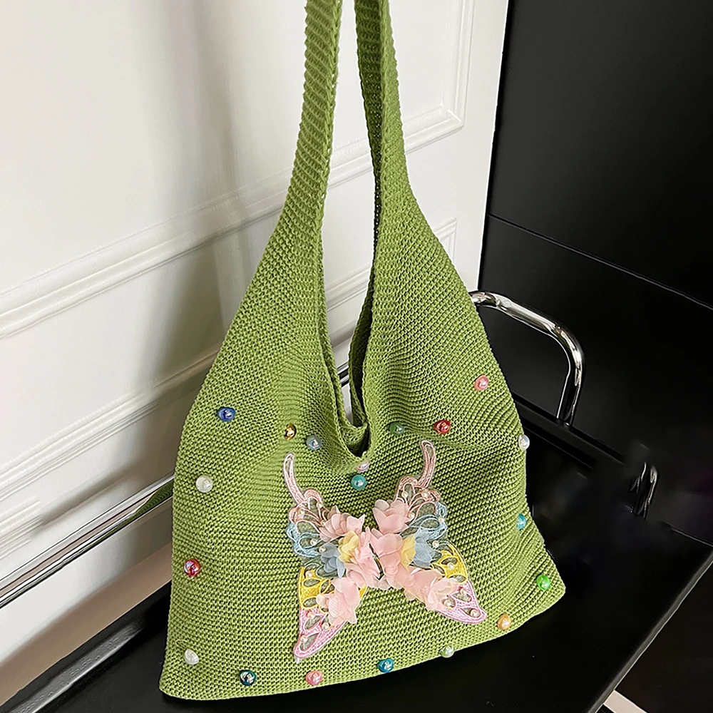 

Fashion Colored Beading Knit Beach Bag Women Large Capacity Tote Bags Exquisite Pearl Butterfly Design Woven Shoulder Bags ﻿