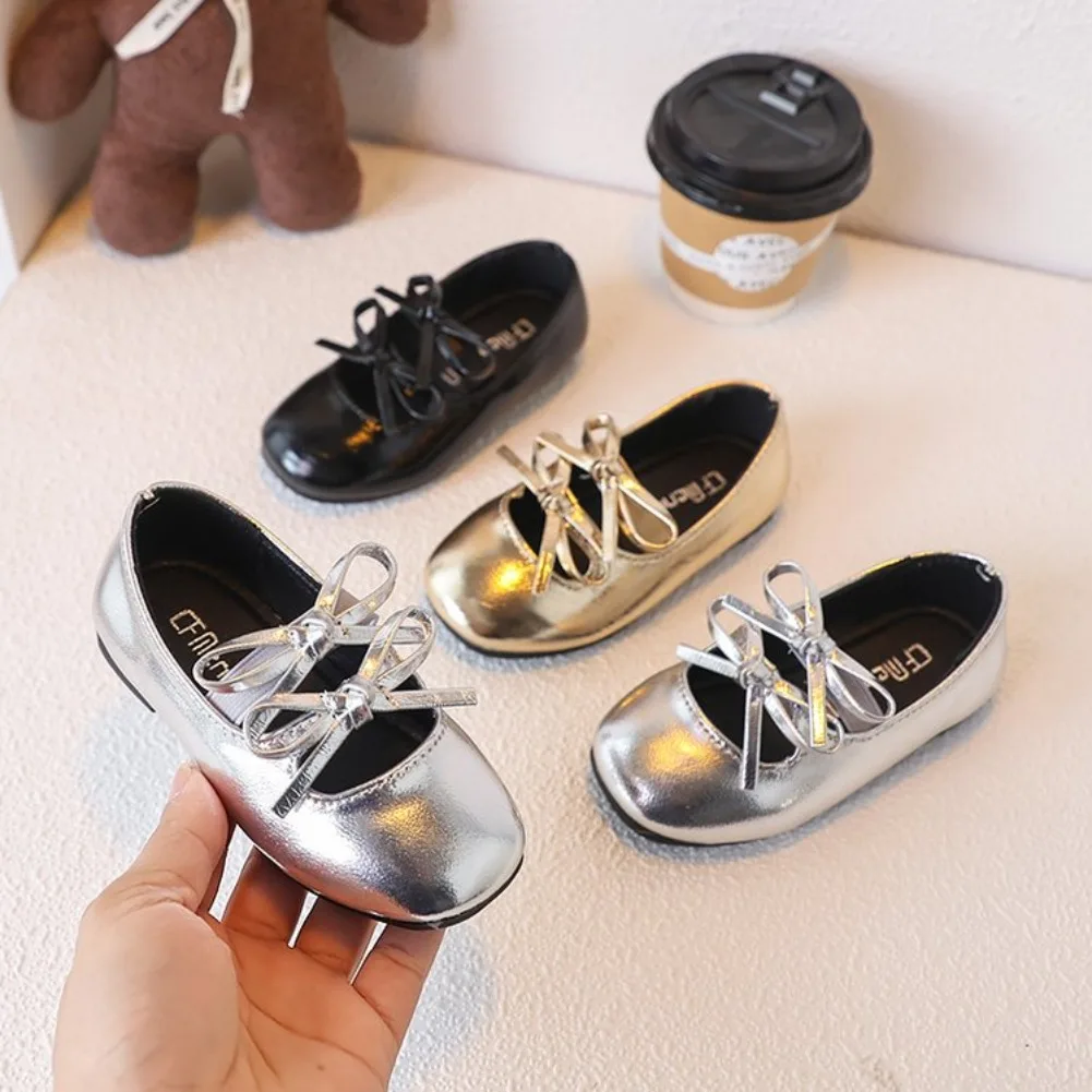 Kids Square Dance Performance Shoes Black Solid Color Girls Princess Shoe with Double Bow 2026 New Girls Leather Shoes Soft Sole