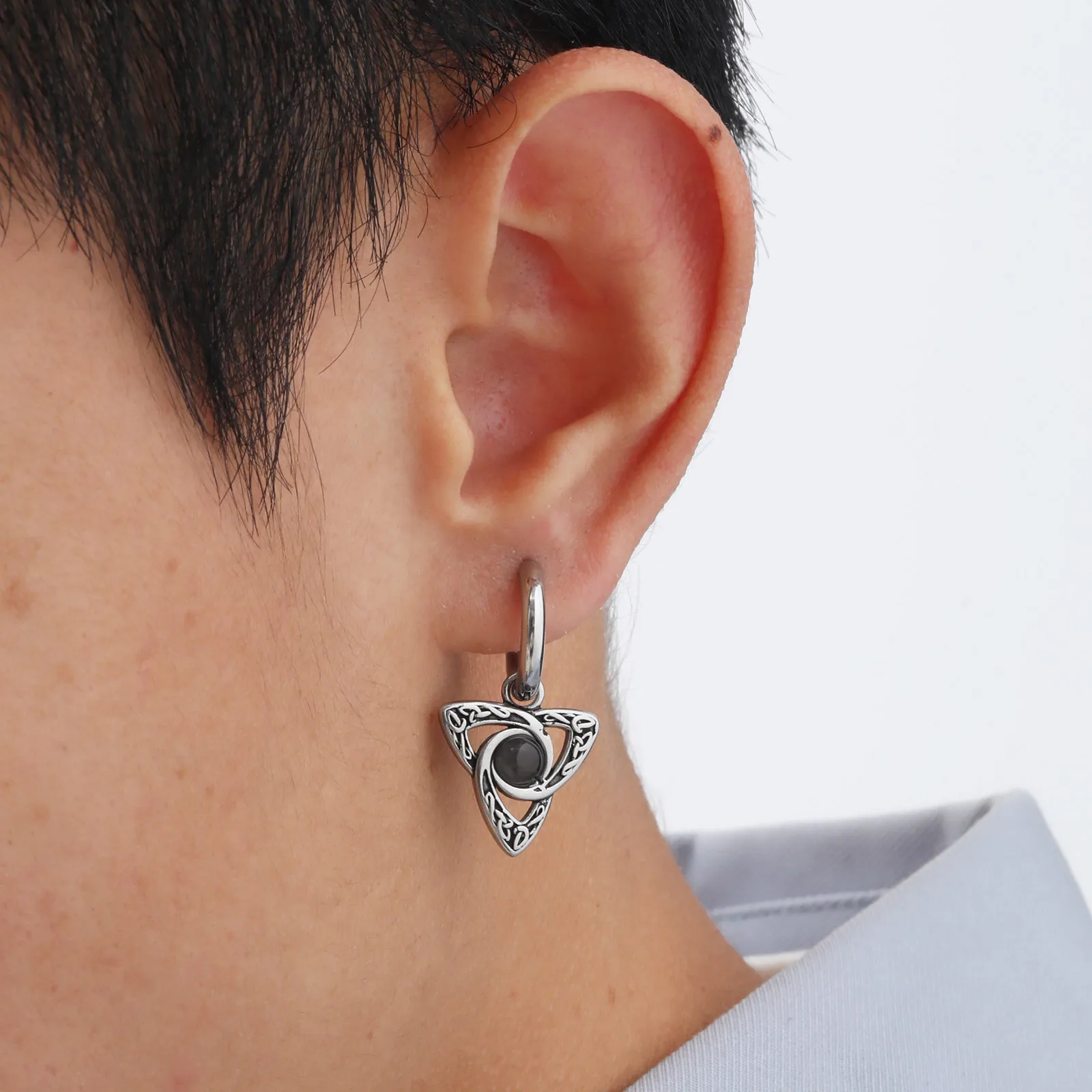 Geometric Triangle Earrings for Men Boys,Viking Natural Stone Inlaid Huggies Hoop Earrings,Vintage Ear Jewelry Gifts