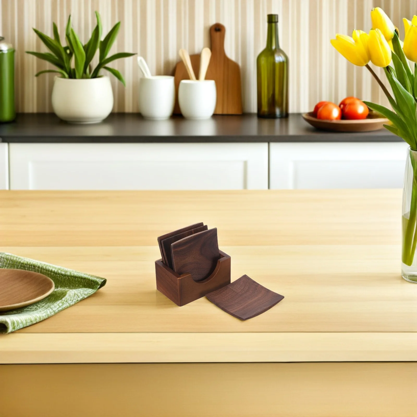 

1Set Walnut Square Wooden Coaster Set 3.34x3.34x0.79in Heat Resistant Cup Pads with Display Rack Coffee Table Protection Office