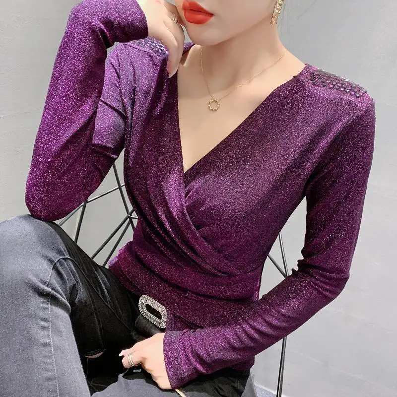 

Spring Autumn New Deep V Neck All-match Elegant Tops Long Sleeve Solid Slim Temperament T Shirts Office Korean Women Clothing