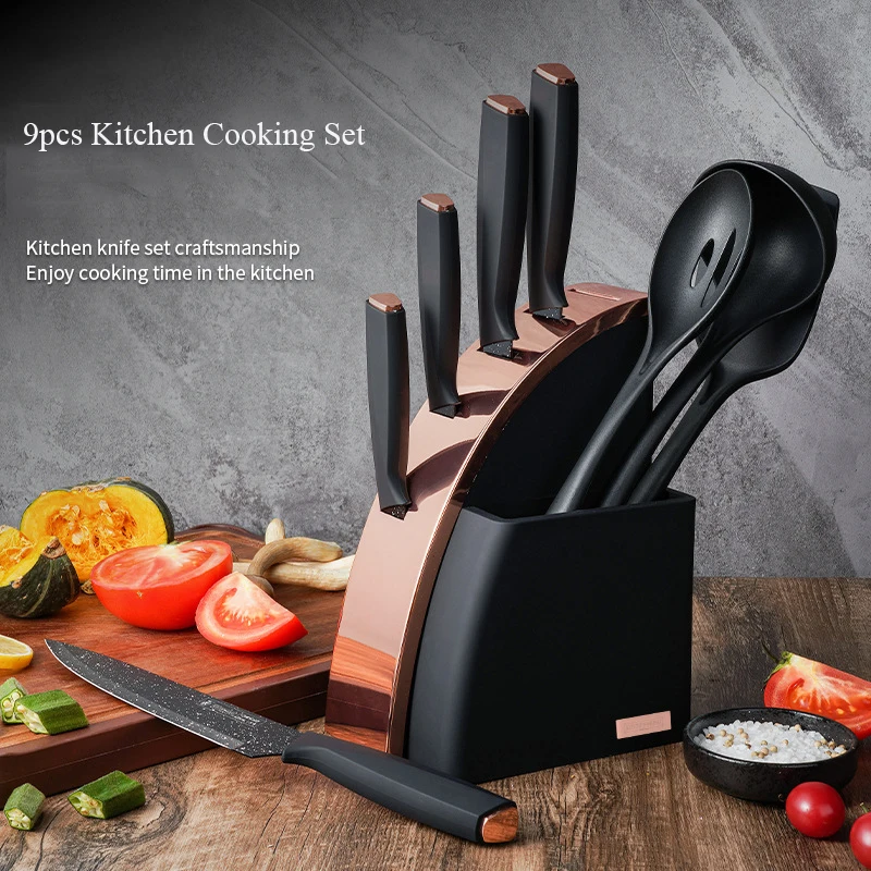 9pcs Kitchen Chef Knife Set Meat Fish Vegetables Cutter Block Set Cutlery Knife Spoon Shovel Kitchenware Cutting Tools