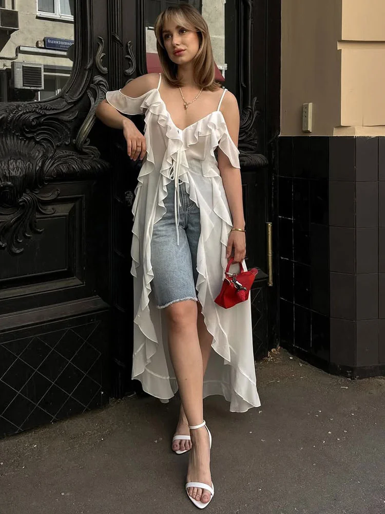 

Tossy Ruffled Sexy V-Neck Long Dress Female Lace-Up Patchwork Fashion See-Through Spaghetti Dress Summer Halter Dresses Women's