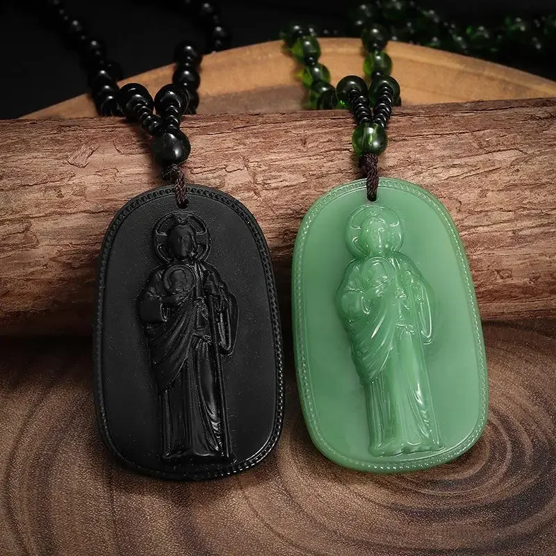 Vintage Religious Jesus Obsidian Pendant Necklace For Men/Women Religious Personality Amulet Buddha Necklace Accessories Gift