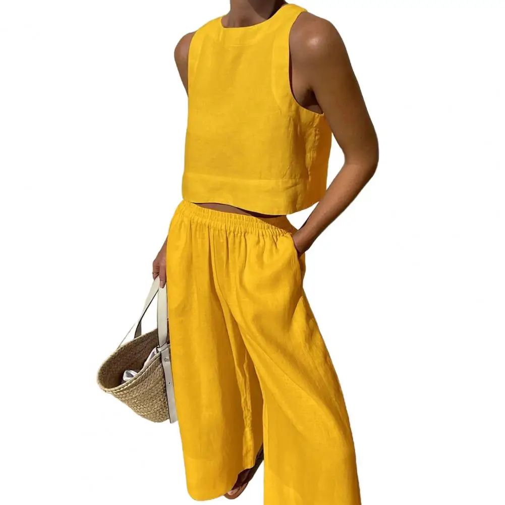 

2Pcs/Set Women Outfit O-neck Sleeveless Vest Elastic High Waist Long Pants two piece set for Female clothing